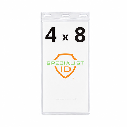 The 4x8 Inch Clear Vinyl Ticket & Credential Holder with 3 Slots SPID-1040 securely displays your credentials or tickets in its oversized, clear plastic design featuring “4 x 8” and “Specialist ID” on the front, and includes three punched slots at the top for easy attachment—ideal for conferences or large events.