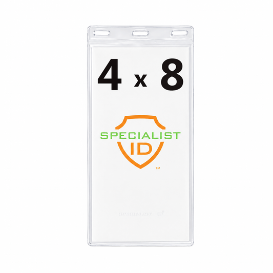 The 4x8 Inch Clear Vinyl Ticket & Credential Holder with 3 Slots SPID-1040 securely displays your credentials or tickets in its oversized, clear plastic design featuring “4 x 8” and “Specialist ID” on the front, and includes three punched slots at the top for easy attachment—ideal for conferences or large events.