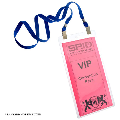 4x8 clear vinyl ticket holder shown with VIP pass and blue lanyard