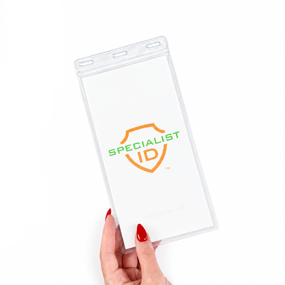 A hand with red nails holds a 4x8 Inch Clear Vinyl Ticket & Credential Holder with 3 Slots (SPID-1040), displaying a card with the Specialist ID logo on a white background.