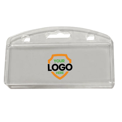 Custom Vertical Half Card Badge Holder for Smart Chip (SPID-1200) - Add Your Logo featuring a placeholder shield-shaped logo with the text "Your Logo Here." Ideal for corporate branding accessories, this customizable vertical badge holder can also accommodate smart chip card holders effortlessly.