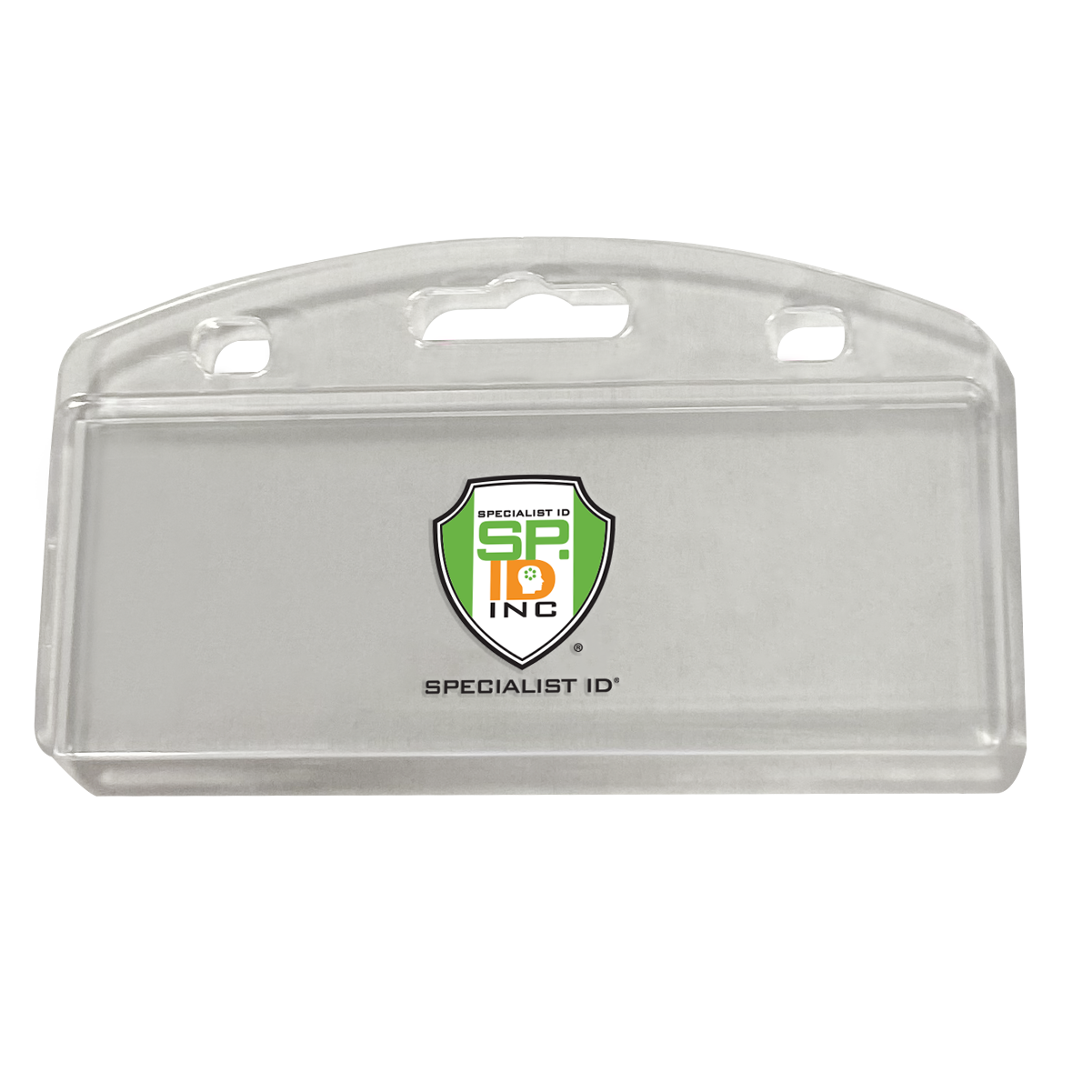 Custom Vertical Half Card Badge Holder for Smart Chip (SPID-1200) - Add Your Logo with a Specialist ID Inc logo in the center, perfect for customizable vertical badge holders.