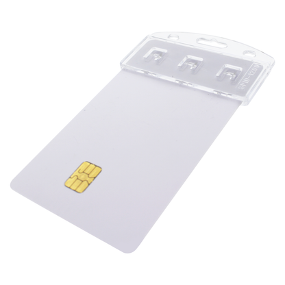 A Vertical Half Card Badge Holder for Smart Chip (INSERT) PIV Common Access and Chip Credit Cards (SPID-1200) with a single SIM card attached to a heavy-duty poly-carbonate sheet, designed to fit into various electronic devices.