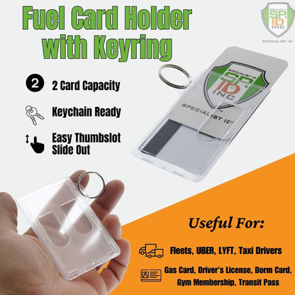 Two Card Vertical Clear Rigid Plastic Fuel Card and Badge Holder with Keychain (SPID-1220), showcasing a durable 2-card capacity, keychain readiness, and easy thumbslot slide out. Recommended for various users including drivers and professionals.