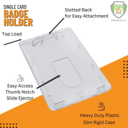 Premium Top Load Slim Rigid Plastic ID Badge Holder (706-N) with UV protection, slotted back for attachment, and an easy access thumb slide ejector; highlighted features include slim design and top load slot.