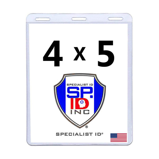 A clear oversized badge holder labeled "Specialist ID Inc" with a shield logo and an American flag in the corner. The dimensions 4 x 5 are displayed above the logo, perfect for protecting your CDC vaccination card, such as the 4x5 Badge Holder - USA Made - Large, Plastic 4 x 5 Card Sleeve for Event Tickets & Passes (SPID-1600).