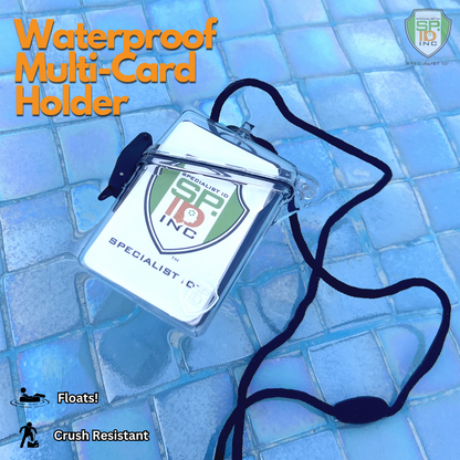 A Witz See It Safe Waterproof ID Badge Holder (P/N 004) with a black neck lanyard floats on a blue tile surface. Text highlights its waterproof, floating, and crush-resistant features.