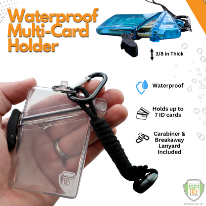 A hand holds a transparent, crush-resistant plastic **Witz See It Safe Waterproof ID Badge Holder (P/N 004)** with a carabiner and breakaway neck lanyard. It is 3/8 inches thick and can hold up to 7 ID cards. A blue spare holder is shown in the background.