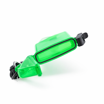 A close-up of the Clear Waterproof ID Badge Holder with Lanyard and Carabiner (P/N SPID-1690), made from crush-resistant plastic, in green with a black clasp and strap, shown against a white background.