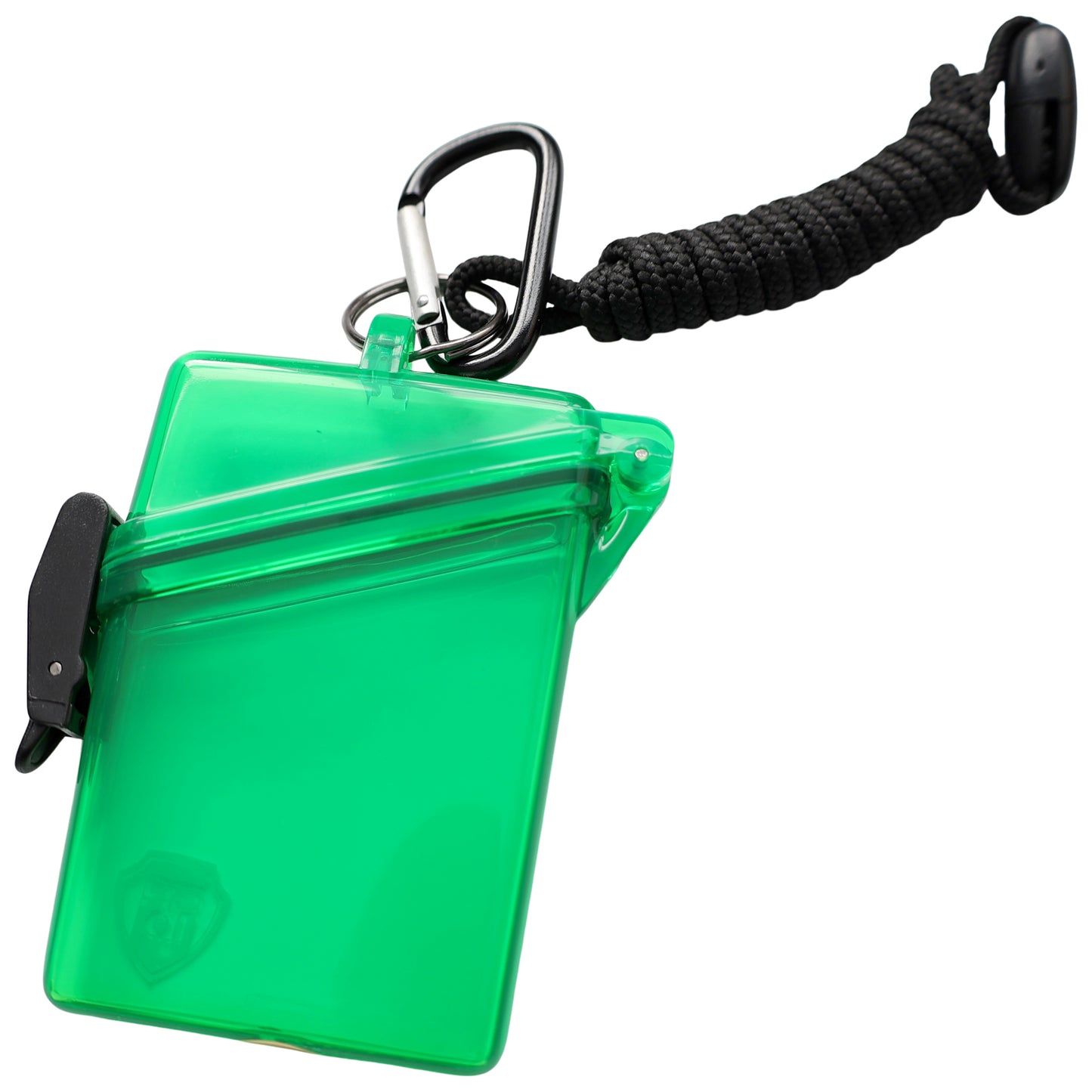 The Clear Waterproof ID Badge Holder with Lanyard and Carabiner (P/N SPID-1690) features a crush-resistant plastic case, black latch, and is ideal for securely carrying your ID in any conditions.