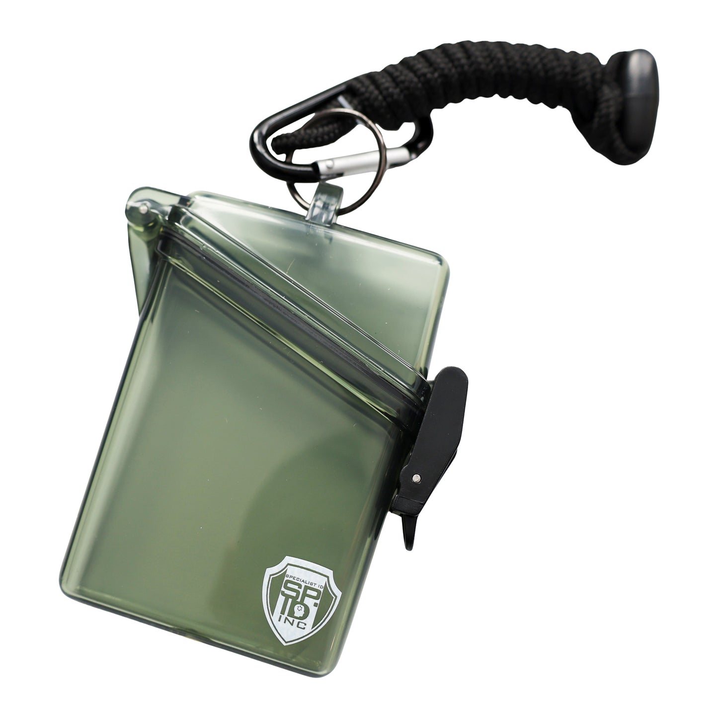 The Clear Waterproof ID Badge Holder with Lanyard and Carabiner (P/N SPID-1690) is made from crush-resistant plastic with a translucent gray finish, hinged lid, latch closure, keyring, and black braided wrist strap to keep essentials secure.