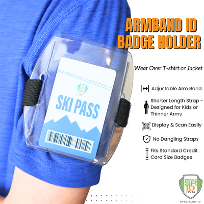 Someone in a blue shirt displays the SPID-1710 Vertical Armband ID Badge Holder with a "Ski Pass" card inside. Its rugged vinyl design and adjustable hook and loop elastic strap make it ideal for kids or those with smaller arms.