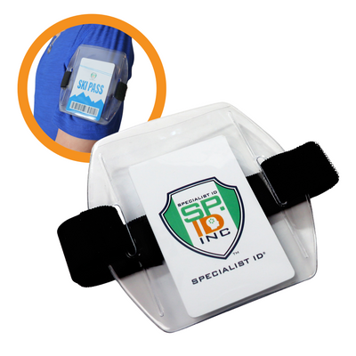 Shorter Strap Vertical Armband ID Badge Holders with Black Elastic Band for Smaller Size Arms - Hook and Loop Closure (SPID-1710)