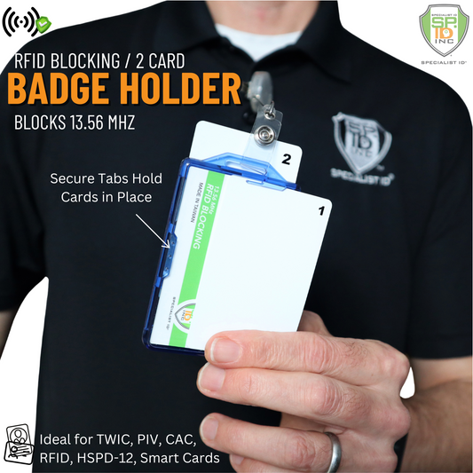 SPID-1720 dual-sided RFID blocking badge holder held with two cards inserted