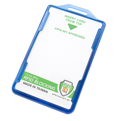 The Specialist ID Dual Sided RFID Blocking Badge Holder (AC-916) is perfect for high-security workplaces with "INSERT CARD FROM TOP," "GSA FIPS 201-APPROVED," and "MADE IN TAIWAN" on the white card, designed for CAC, TWIC, PIV, and secure ID cards.