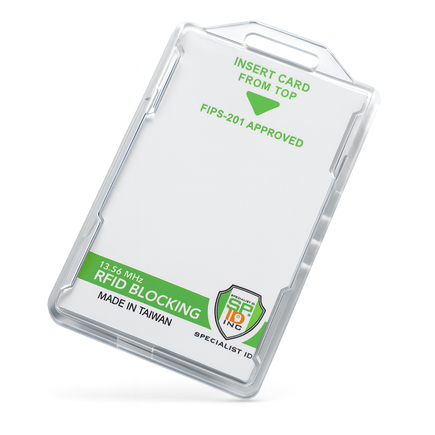 The Specialist ID Dual Sided RFID Blocking Badge Holder is a heavy-duty smart card protector featuring green text for GSA FIPS 201 approval, "Insert Card from Top," and "Made in Taiwan." Ideal for CAC, TWIC, PIV, and Secure ID cards in high-security workplaces.