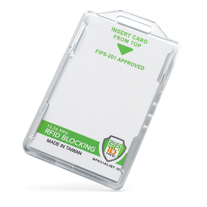 The Specialist ID Dual Sided RFID Blocking Badge Holder is a heavy-duty smart card protector featuring green text for GSA FIPS 201 approval, "Insert Card from Top," and "Made in Taiwan." Ideal for CAC, TWIC, PIV, and Secure ID cards in high-security workplaces.
