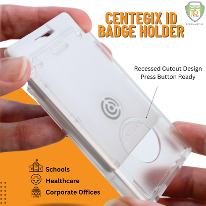 Close-up of a hand holding the Dual Badge Holder Compatible with Centegix™ V2 Alarm Card + Standard ID Card, featuring a recessed cutout design for use in schools, healthcare, and corporate offices.