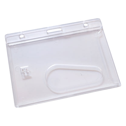 The Horizontal Economy Crystal Clear Card Dispenser (P/N 726-CT1) is a hard plastic, side load ID badge protector with a thumb notch for easy card removal, featuring slots for lanyard or clip attachment. Photographed on a white background.