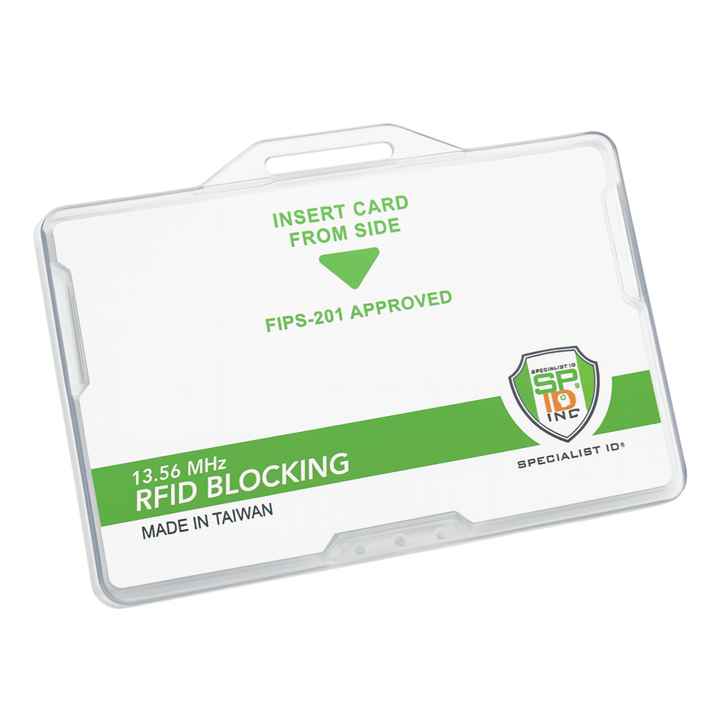 The Specialist ID Dual Sided RFID Blocking Badge Holder (SPID-1760) is a clear, heavy-duty, FIPS-201 approved protector with 13.56 MHz RFID shielding, green and white label, side card insertion, and made in Taiwan.