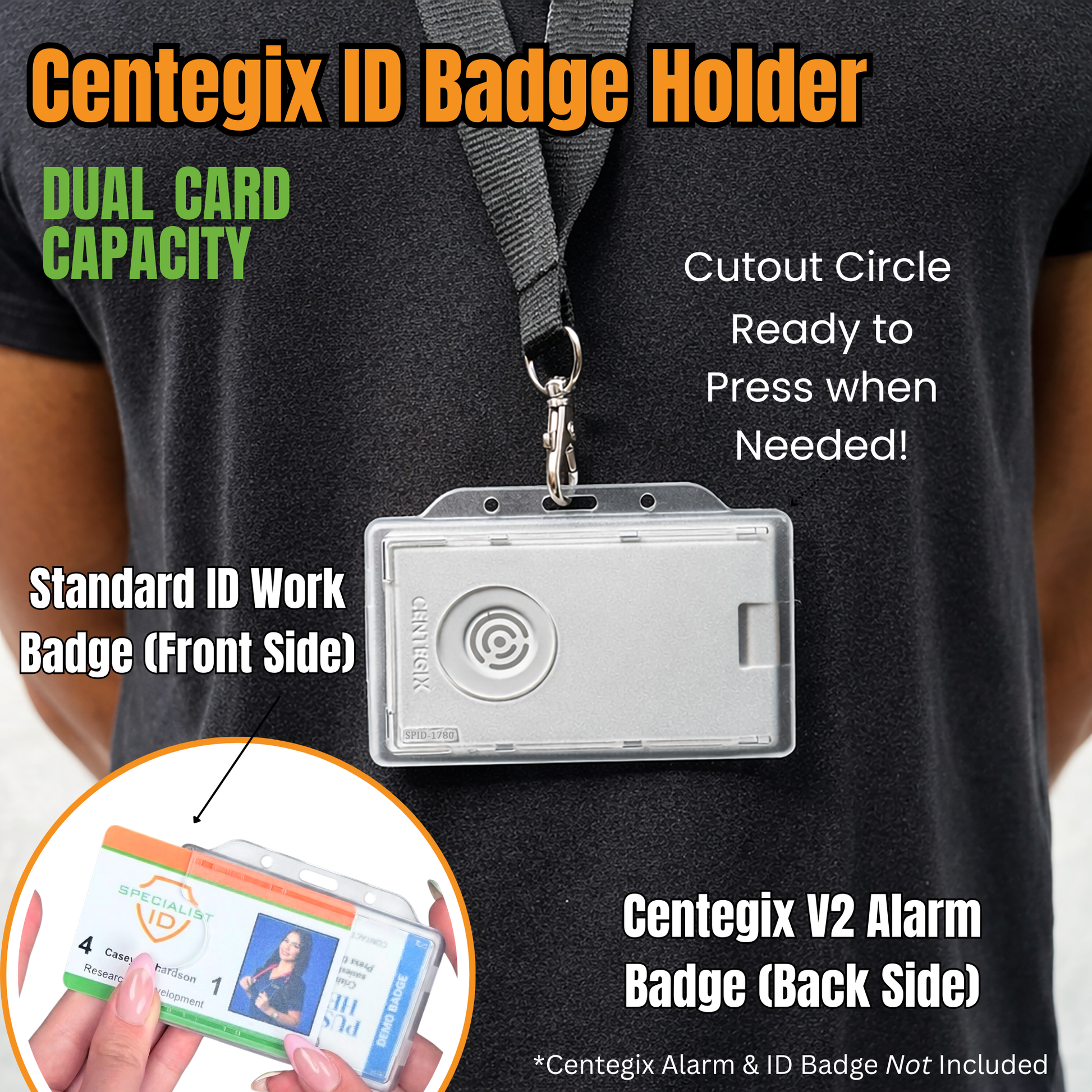 The Dual Badge Holder Compatible with Centegix V2 Alarm Card + Standard ID Card, shown on a lanyard, features dual slots for a standard ID in front and Centegix V2 badge at the back; closeup shows inserting an ID card.