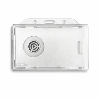 The Dual Badge Holder compatible with Centegix V2 Alarm Card and a standard ID card is made of white plastic, features a rectangular design, has a circular speaker grille, and includes a slot for attaching a lanyard.