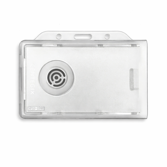 The Dual Badge Holder compatible with Centegix V2 Alarm Card and a standard ID card is made of white plastic, features a rectangular design, has a circular speaker grille, and includes a slot for attaching a lanyard.