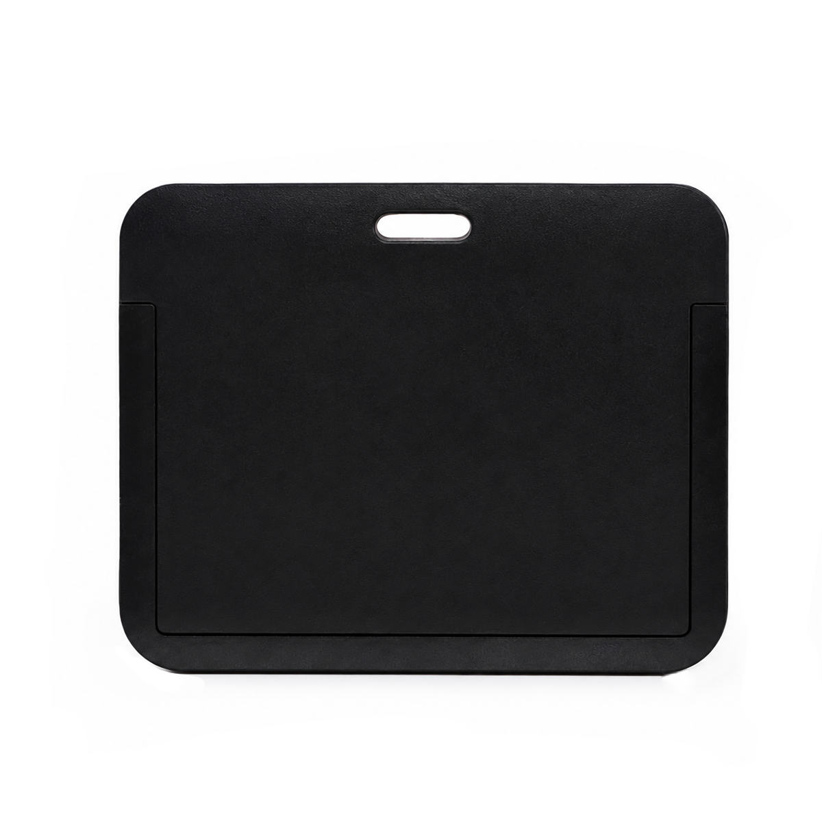 The Horizontal ID Badge Holder with Clear Window - Rigid Plastic Single CR80 Card Holder (SPID-1810) is a sleek black rectangular holder with rounded corners and a centered handle cutout near the top, pictured against a white background.