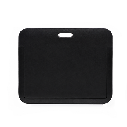 The Horizontal ID Badge Holder with Clear Window - Rigid Plastic Single CR80 Card Holder (SPID-1810) is a sleek black rectangular holder with rounded corners and a centered handle cutout near the top, pictured against a white background.