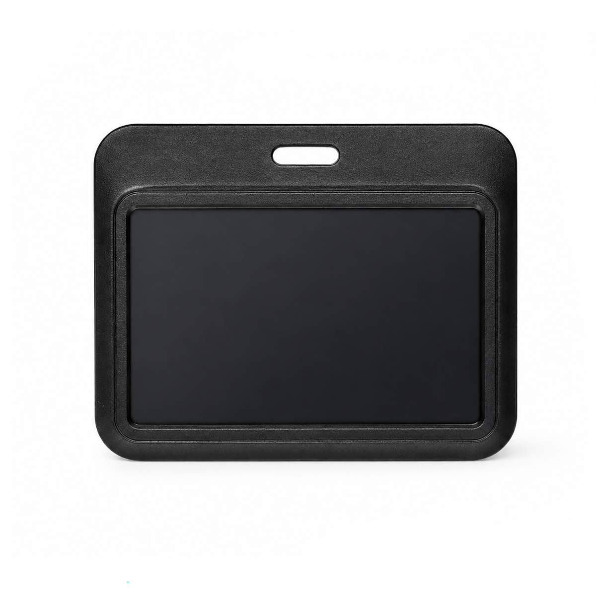 The Horizontal ID Badge Holder with Clear Window - Rigid Plastic Single CR80 Card Holder (SPID-1810) is a rectangular black holder featuring a clear window and a top slot for attaching a lanyard, professionally displayed against a white background.