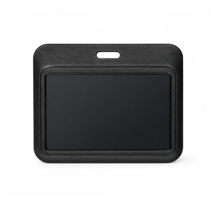 The Horizontal ID Badge Holder with Clear Window - Rigid Plastic Single CR80 Card Holder (SPID-1810) is a rectangular black holder featuring a clear window and a top slot for attaching a lanyard, professionally displayed against a white background.