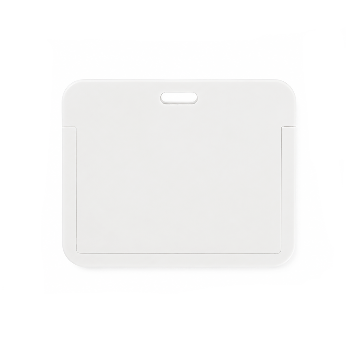 The Horizontal ID Badge Holder with Clear Window - Rigid Plastic Single CR80 Card Holder (SPID-1810) is a rectangular white holder with rounded corners and a slot at the top center for attaching a lanyard, displayed against a plain white background.