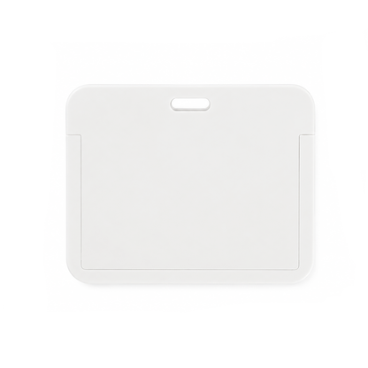 The Horizontal ID Badge Holder with Clear Window - Rigid Plastic Single CR80 Card Holder (SPID-1810) is a rectangular white holder with rounded corners and a slot at the top center for attaching a lanyard, displayed against a plain white background.