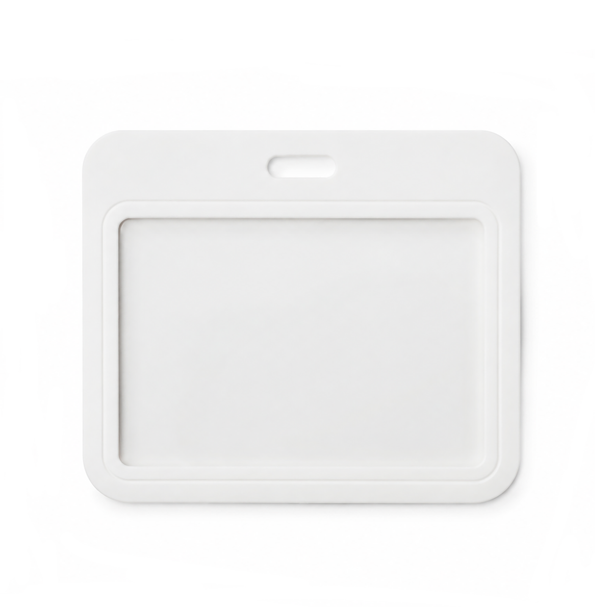The Horizontal ID Badge Holder with Clear Window - Rigid Plastic Single CR80 Card Holder (SPID-1810) features a transparent window and a horizontal slot for attaching a lanyard; this plastic ID card holder is displayed against a white background.