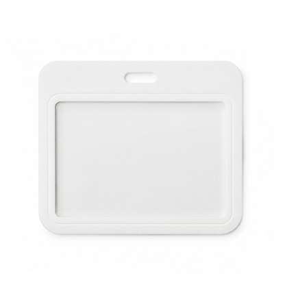 The Horizontal ID Badge Holder with Clear Window - Rigid Plastic Single CR80 Card Holder (SPID-1810) features a transparent window and a horizontal slot for attaching a lanyard; this plastic ID card holder is displayed against a white background.