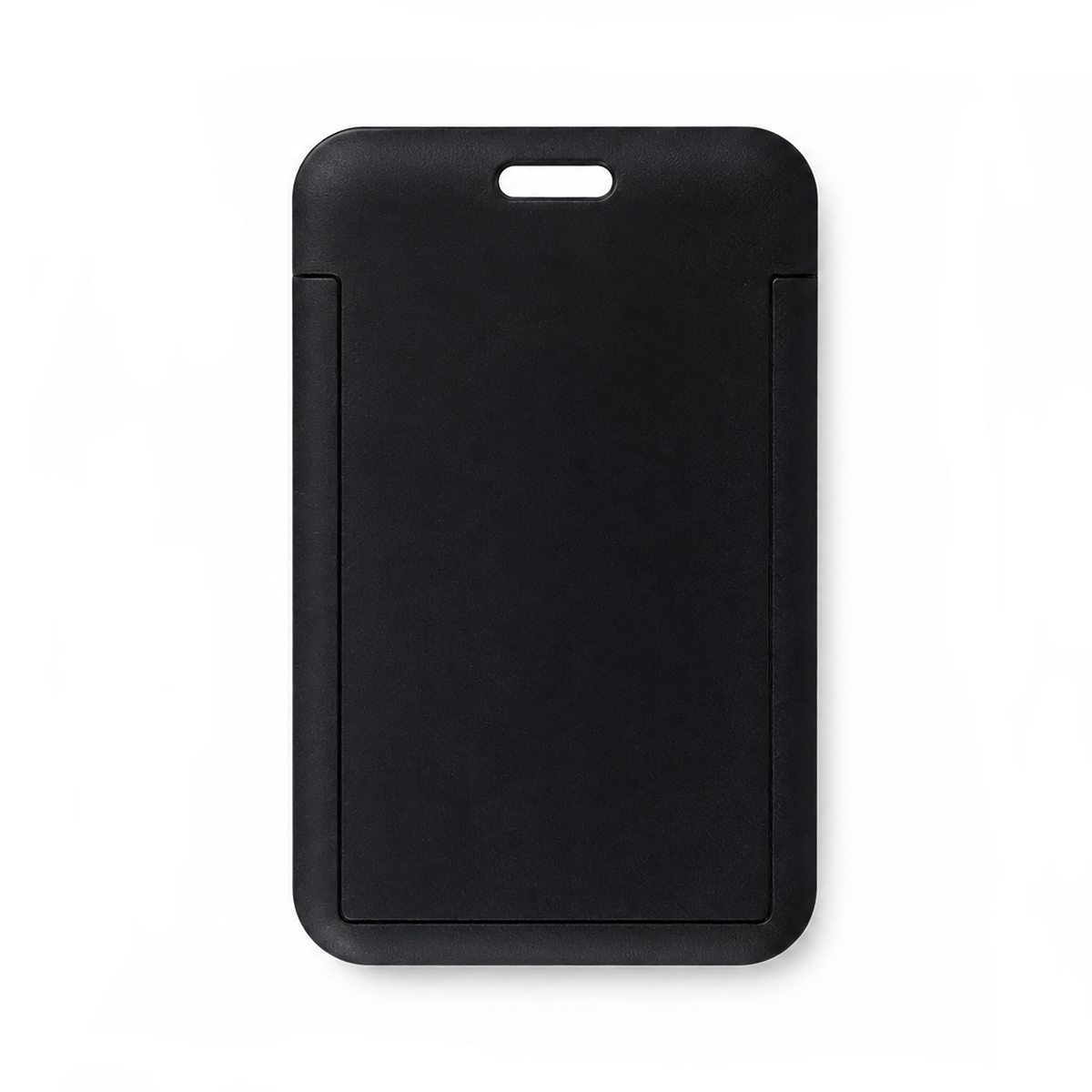 A Vertical ID Badge Holder with Clear Window (SPID-1820), designed for a single CR80 card, made of black rigid plastic in a rectangular vertical shape with a slot at the top, is shown on a white background.
