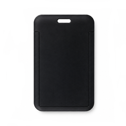 A Vertical ID Badge Holder with Clear Window (SPID-1820), designed for a single CR80 card, made of black rigid plastic in a rectangular vertical shape with a slot at the top, is shown on a white background.