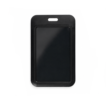 A black vertical rigid plastic ID badge holder with a clear window, designed to securely hold a single CR80 card (SPID-1820), featuring an opening at the top for attaching to a lanyard, displayed on a white background.