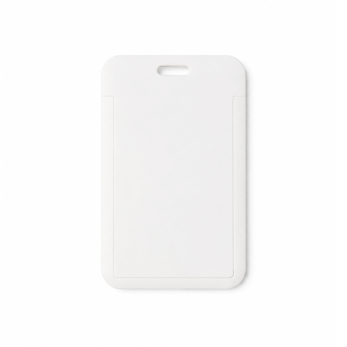 A Vertical ID Badge Holder with Clear Window, made from rigid plastic for a single CR80 card (SPID-1820), featuring rounded corners and a top slot for lanyard attachment.