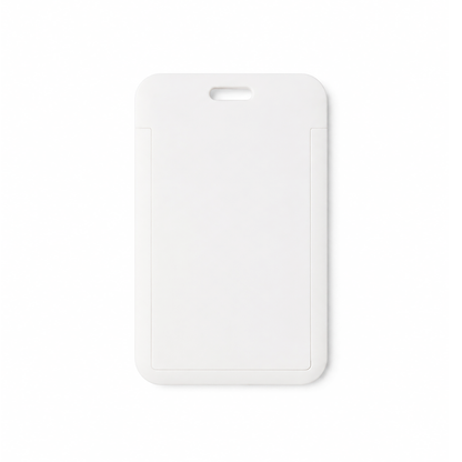 A Vertical ID Badge Holder with Clear Window, made from rigid plastic for a single CR80 card (SPID-1820), featuring rounded corners and a top slot for lanyard attachment.