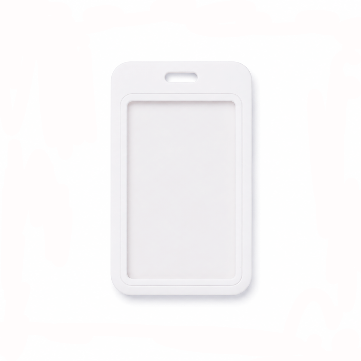The Vertical ID Badge Holder with Clear Window (SPID-1820) is a rigid plastic single CR80 card holder in white, featuring a rectangular window and a top slot for attaching to a lanyard; it is displayed on a plain white background.
