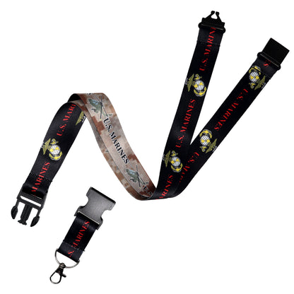 A black Officially Licensed Military Lanyard Badge Holder for Army, Navy, Airforce, Marines and Vietnam Veteran (SPID-2030) with "U.S. Marines" and Marine Corps logos in yellow and white, featuring a detachable buckle, metal clip, and safety breakaway for added convenience.