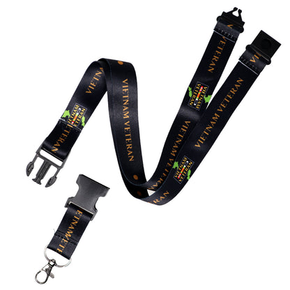 Officially Licensed Military Lanyard Badge Holder for Army, Navy, Airforce, Marines and Vietnam Veteran (SPID-2030) with "VIETNAM VETERAN" text in yellow and green, featuring a metal clip, plastic buckle, and a detachable safety breakaway section.