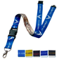 An Officially Licensed Military Lanyard Badge Holder for Army, Navy, Airforce, Marines and Vietnam Veteran (SPID-2030) with "U.S. Air Force" text and symbols, featuring a detachable buckle, a metal clip, and a safety breakaway for added security. Below it, there are small fabric swatches showcasing designs for the US Army, Marines, Navy, and Veterans. Ideal for badge holders.