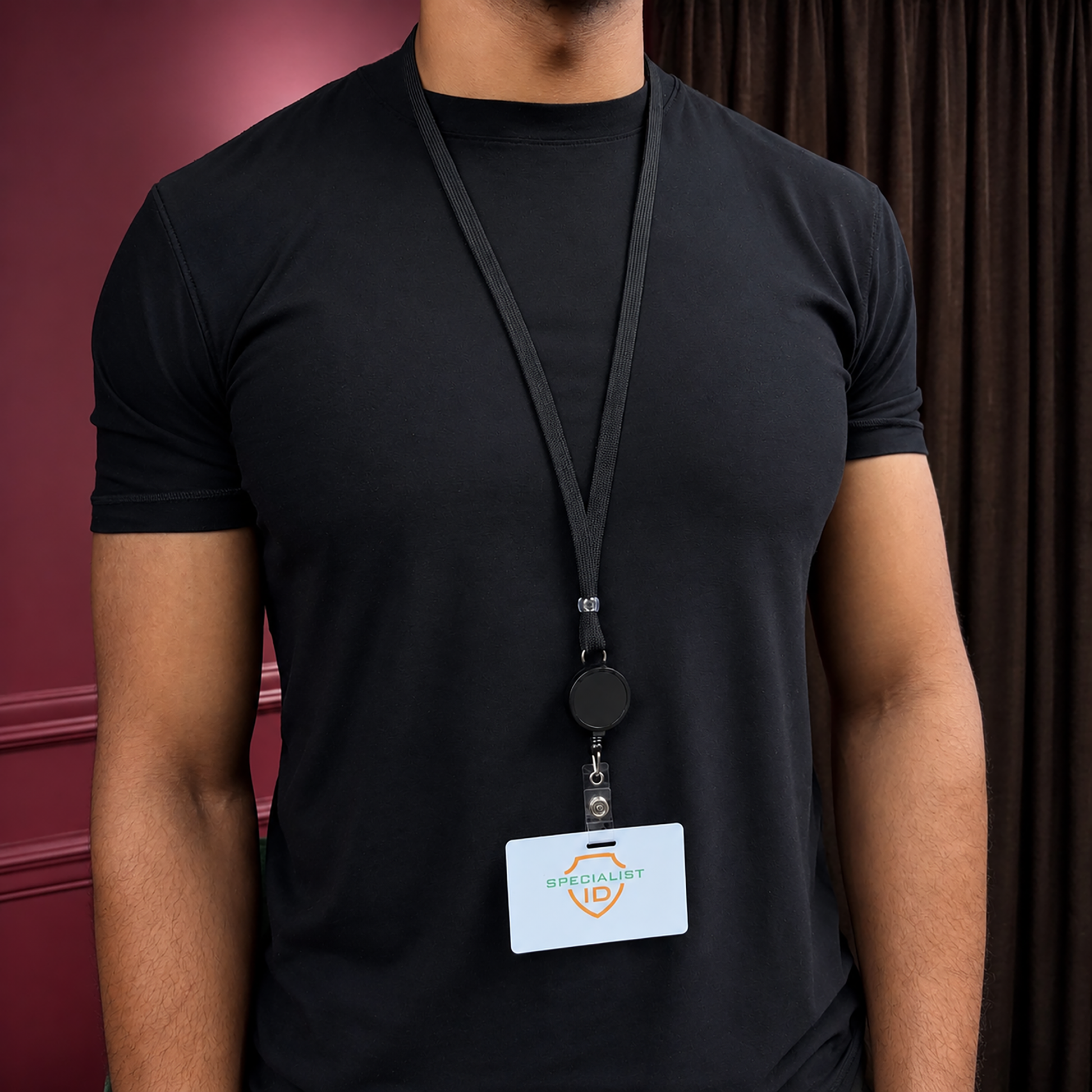 A person wearing a plain black t-shirt and a Breakaway Badge Lanyard with Retractable Reel (SPID-210X) with a "Specialist ID" badge holder stands indoors before dark curtains and a maroon wall.