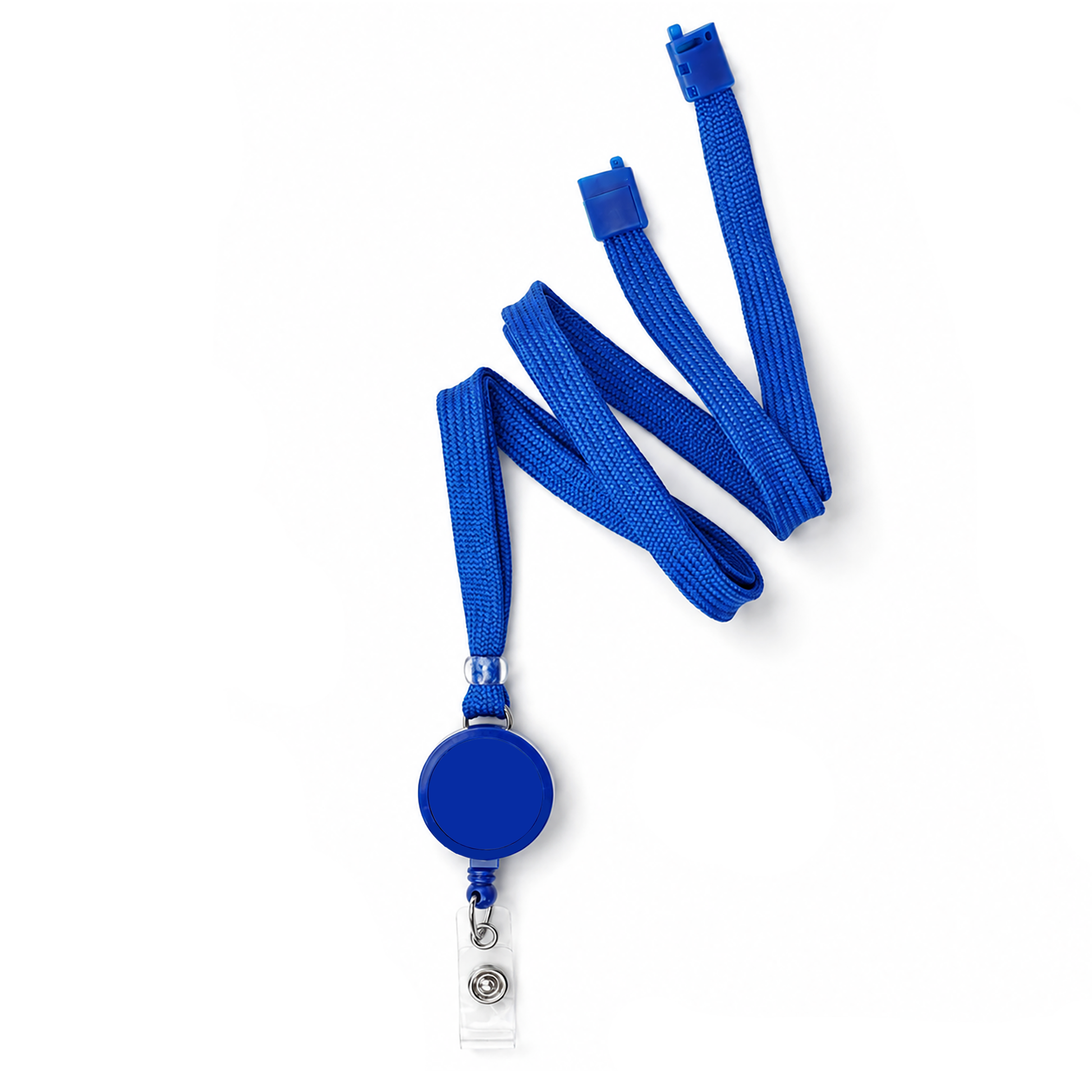 The Breakaway Badge Lanyard with Retractable Reel (SPID-210X), shown in blue with a badge reel and clip, is arranged on a white background.