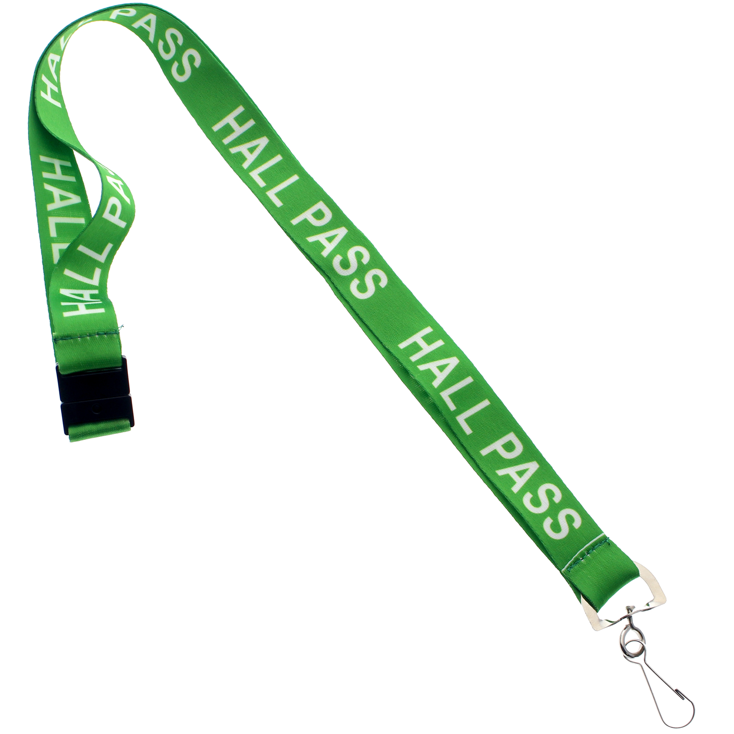 A Green Hall Pass Lanyard - Safety Breakaway Lanyards with Swivel Hook (SPID-2190), featuring a green lanyard with white "HALL PASS" text repeatedly printed on it, a metal clip at one end, and a breakaway clasp for enhanced school security.