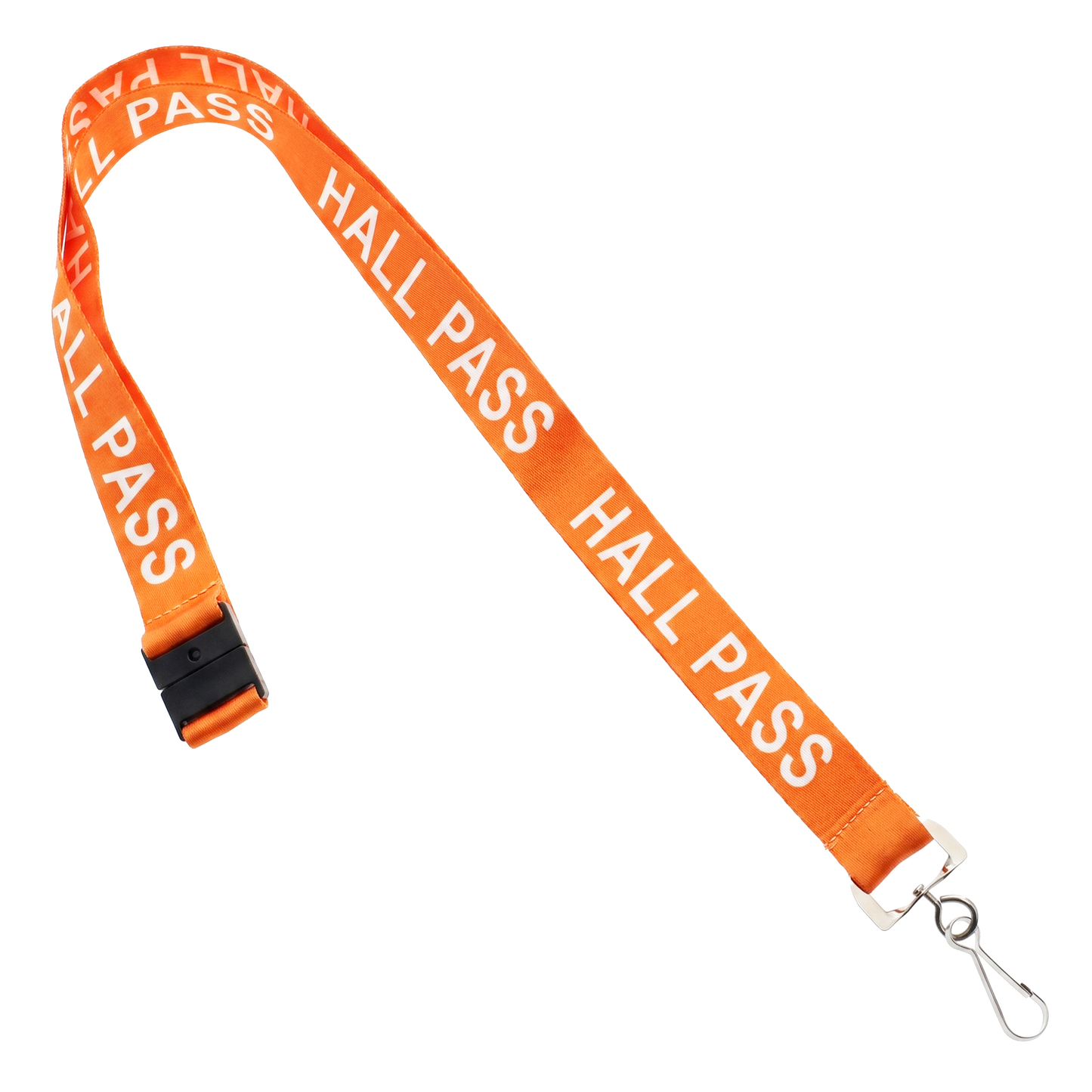 An orange Hall Pass Lanyard - Safety Breakaway Lanyards with Swivel Hook (SPID-2190) with "HALL PASS" written repeatedly in white. The lanyard features a metal clip at the end, a black plastic buckle, and a breakaway clasp for added school security.