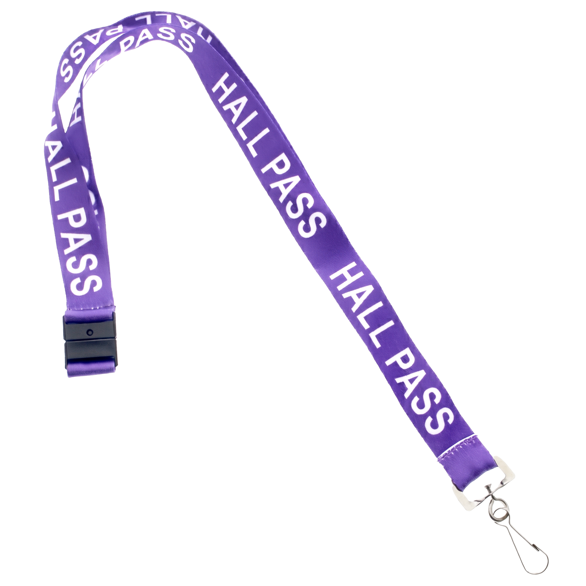 Purple lanyard with white "HALL PASS" text repeatedly printed, featuring a clip at the end and a breakaway clasp for added school security. It's one of our essential Hall Pass Lanyard - Safety Breakaway Lanyards with Swivel Hook (SPID-2190).