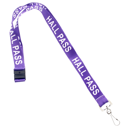 Purple lanyard with white "HALL PASS" text repeatedly printed, featuring a clip at the end and a breakaway clasp for added school security. It's one of our essential Hall Pass Lanyard - Safety Breakaway Lanyards with Swivel Hook (SPID-2190).